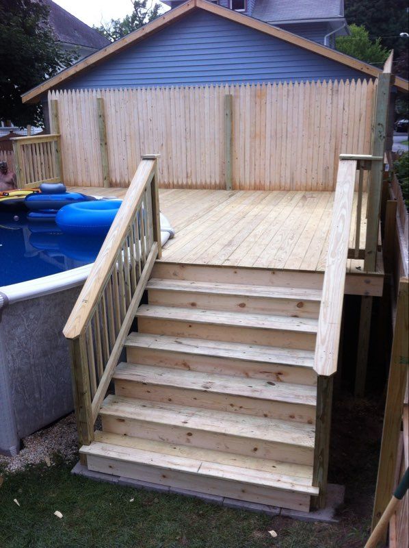 Wooden deck with stairs leading down to a lawn, next to an above-ground pool.