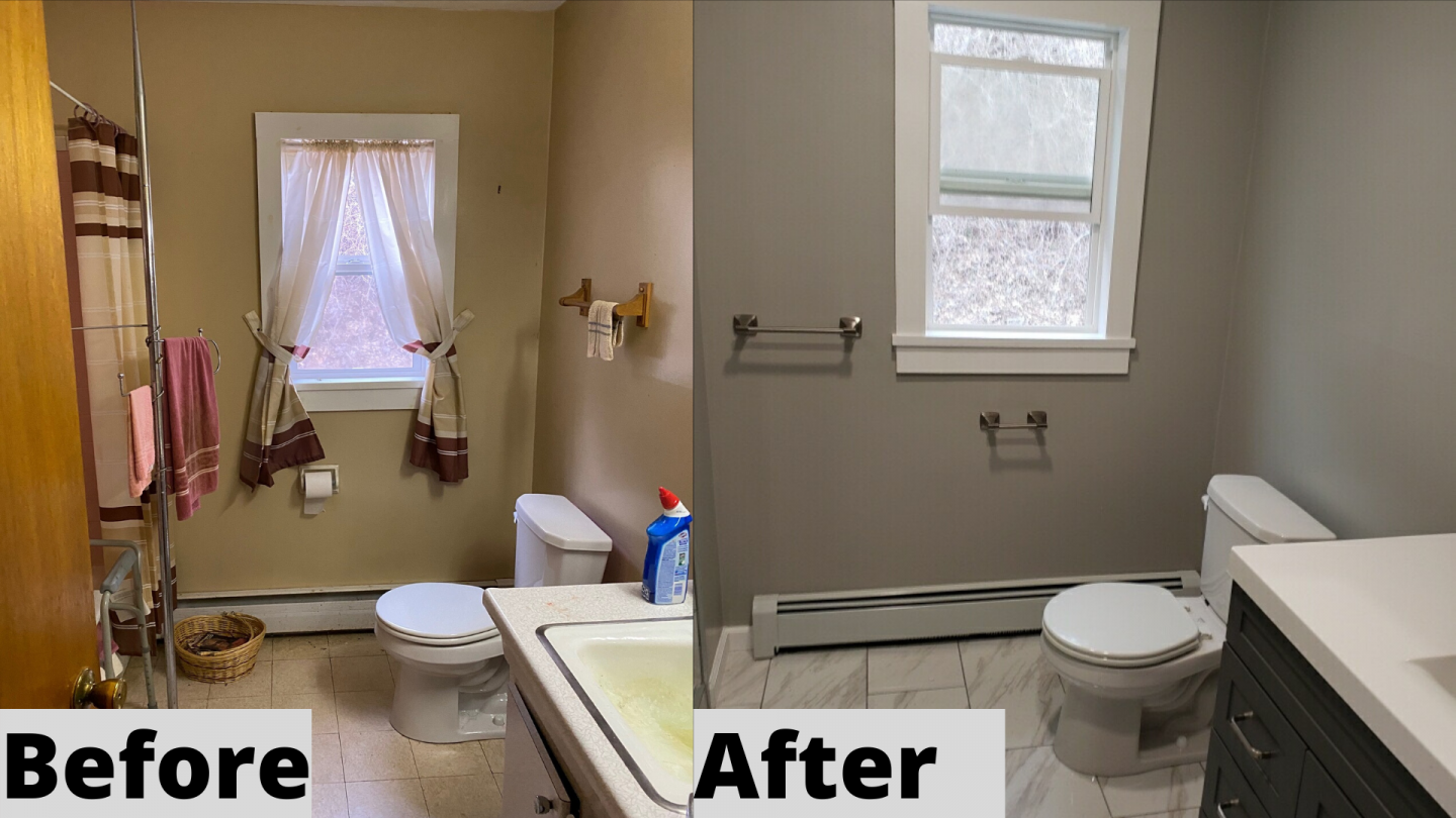 Bathroom renovation before and after comparison. 