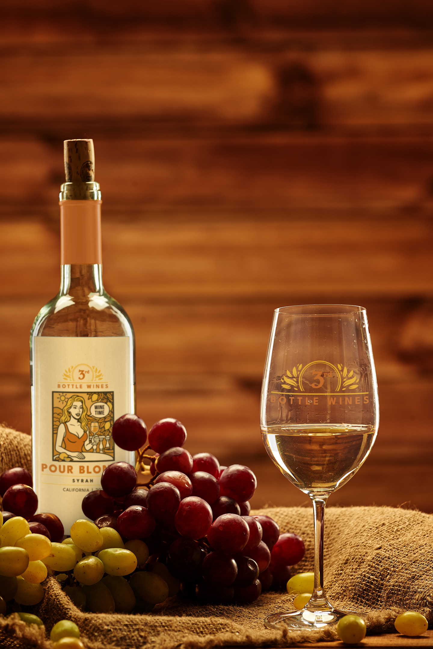 Wine bottle and glass with grapes on a burlap surface in front of a wooden backdrop.
