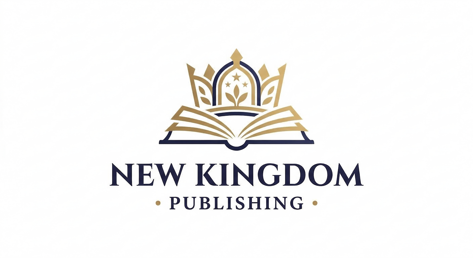 Logo for New Kingdom Publishing: a gold and dark blue icon of an open book topped with a crown, over the company name.