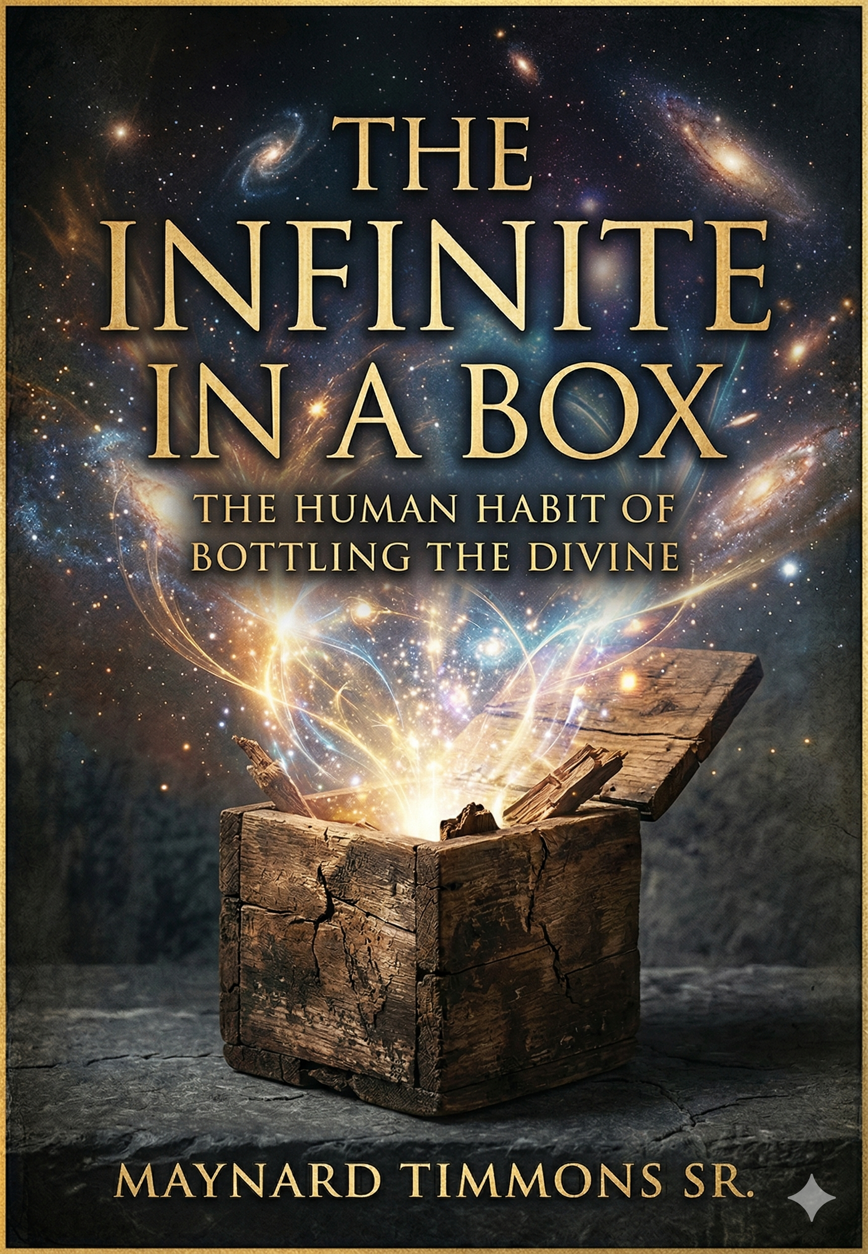 Book cover showing a rustic wooden box open on a stone surface, emitting light into a cosmic, starry sky background.
