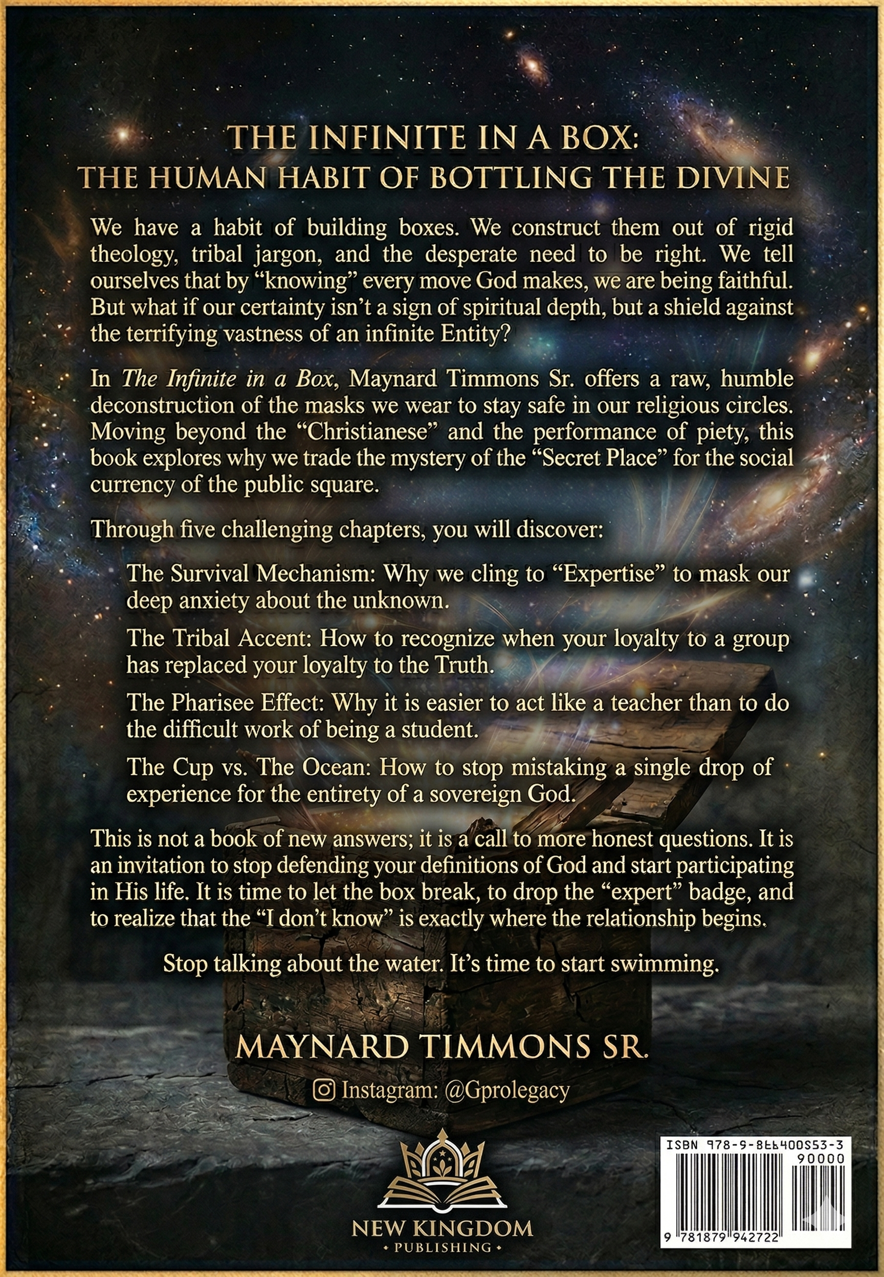 Book cover showing a rustic wooden box open on a stone surface, emitting light into a cosmic, starry sky background.