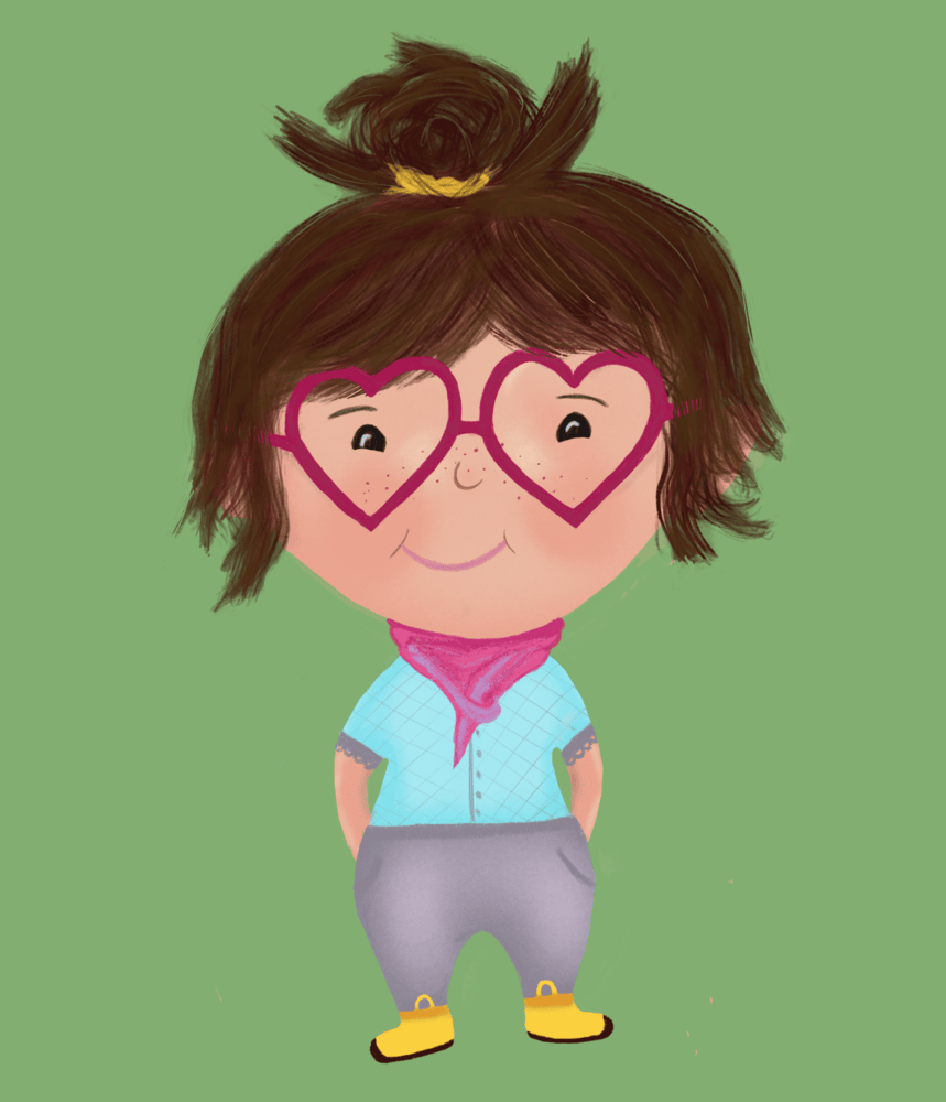 Cartoon girl with brown hair in bun, heart-shaped glasses, pink scarf, blue shirt, gray pants, and yellow boots.