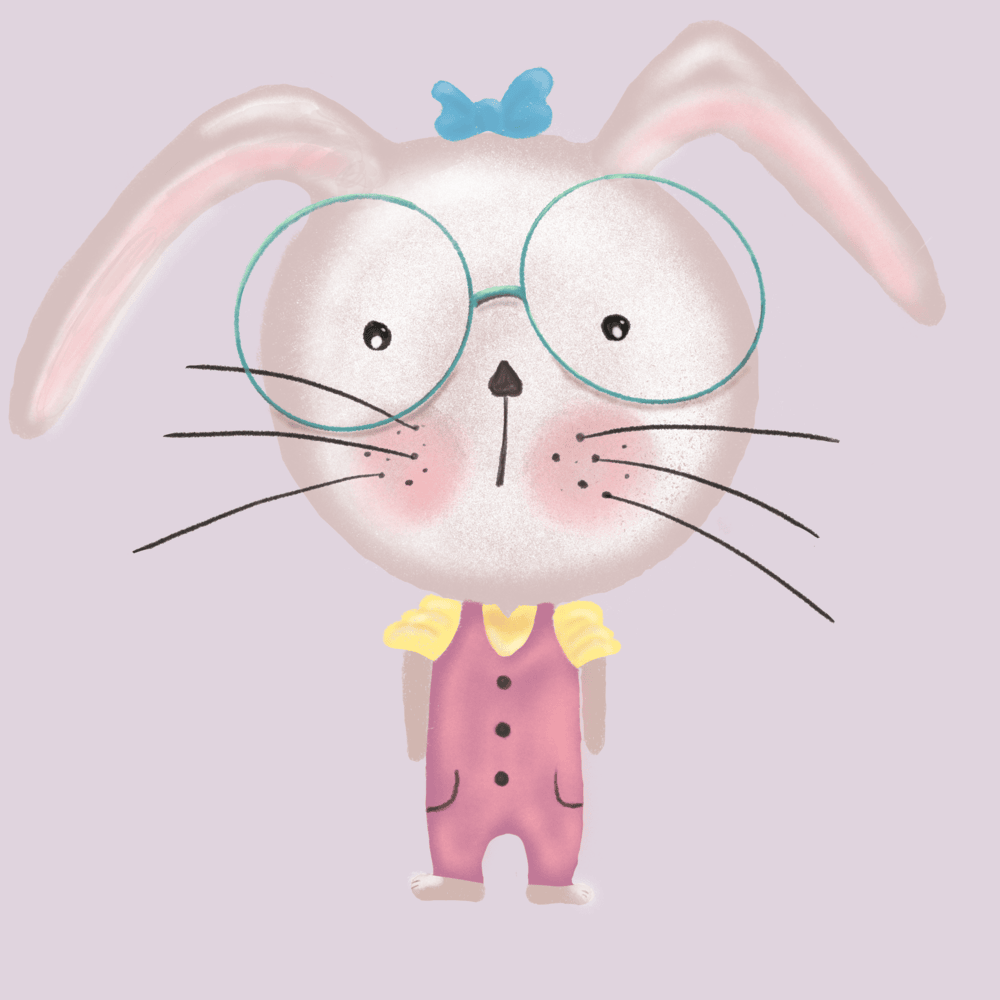 A cute bunny wearing glasses and overalls.