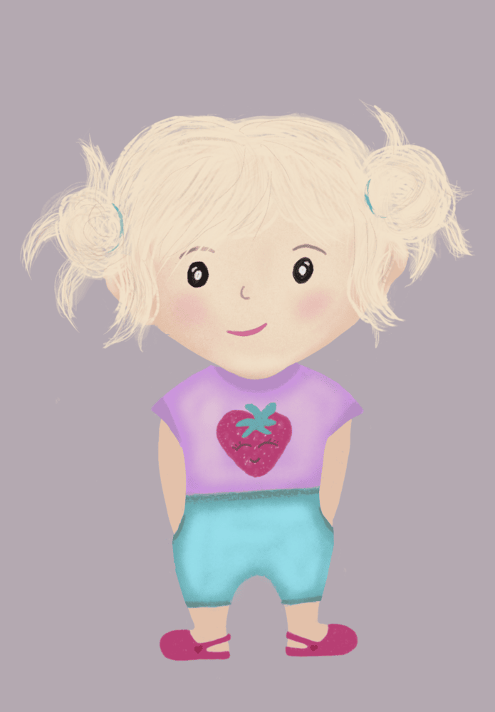 Blonde cartoon girl with pigtails, wearing a pink strawberry shirt, blue shorts, and pink shoes. Smiling.