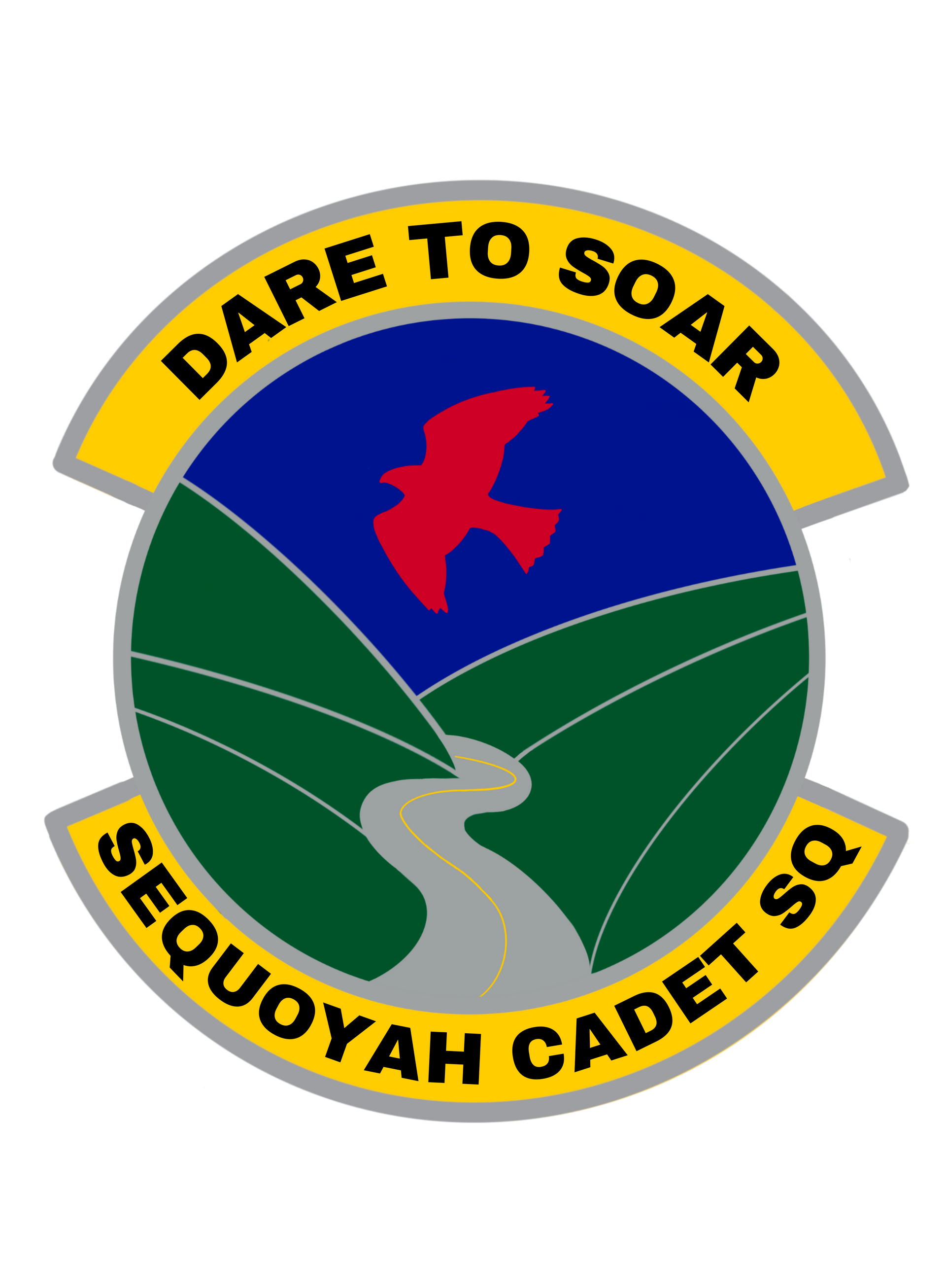 Sequoyah Cadet Squadron emblem: blue sky, red bird, green hills, winding road,