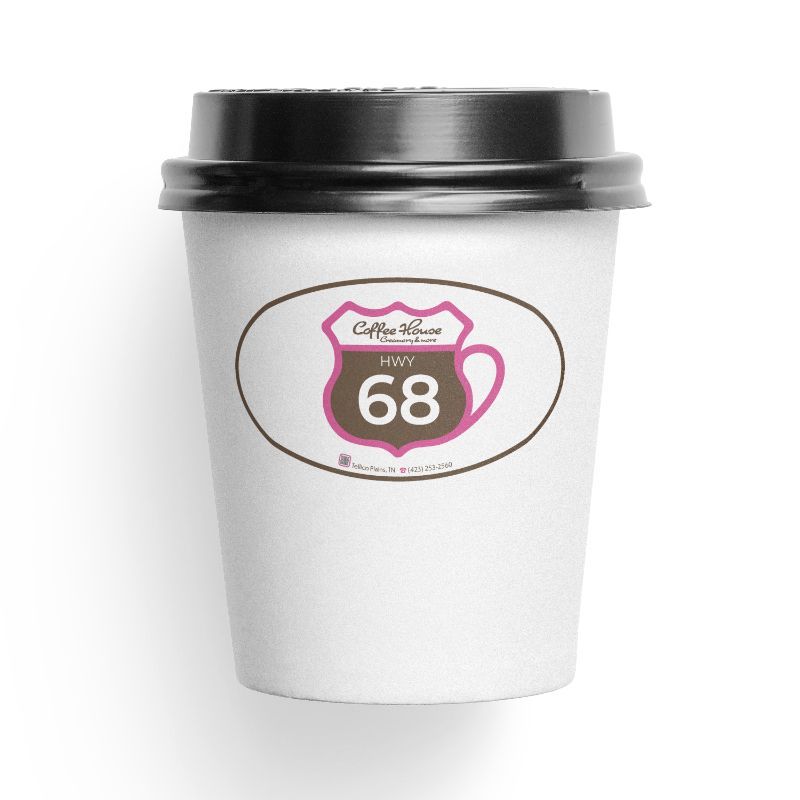 Coffee cup with logo of a pink coffee mug inside a brown shield, 