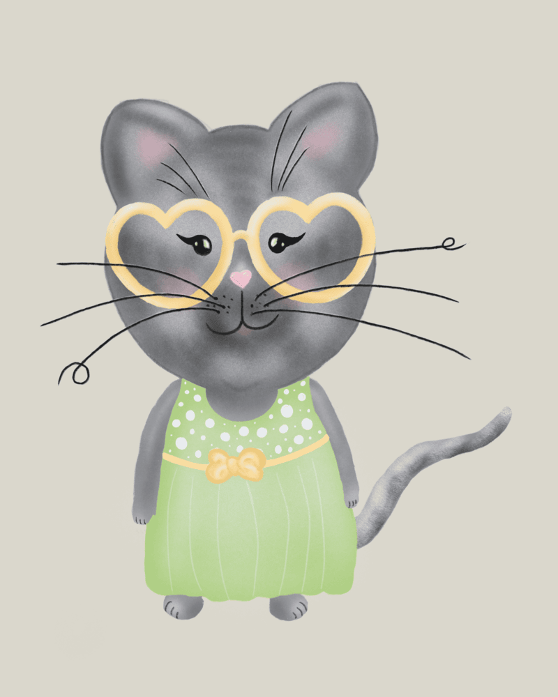 Gray mouse with heart-shaped glasses and green dress smiles, set on a light background.