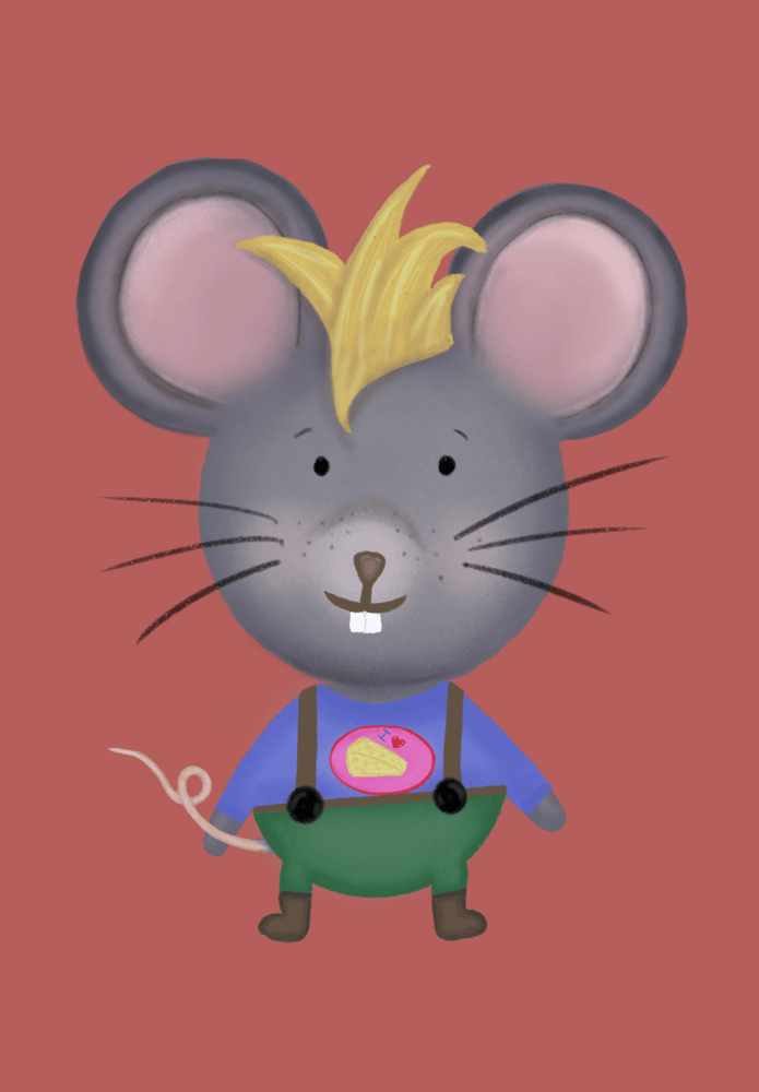 Cartoon mouse with grey fur, yellow hair, and a blue shirt.