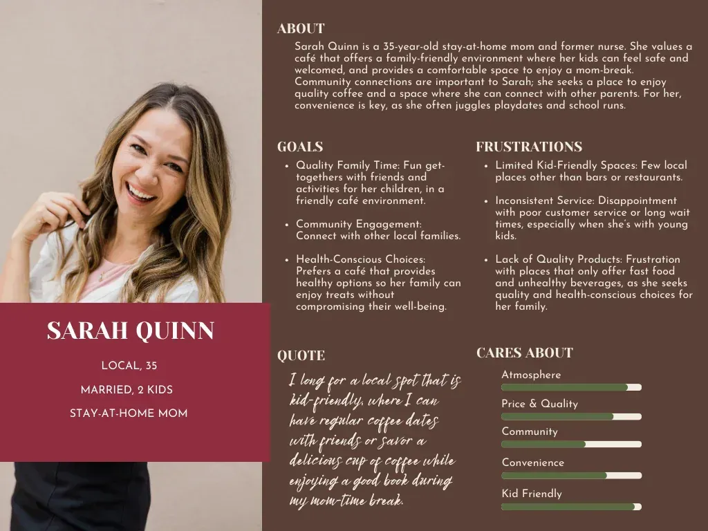 Woman named Sarah Quinn, wearing a white shirt, smiling. Biography highlights goals and illustrations.
Img by Canva