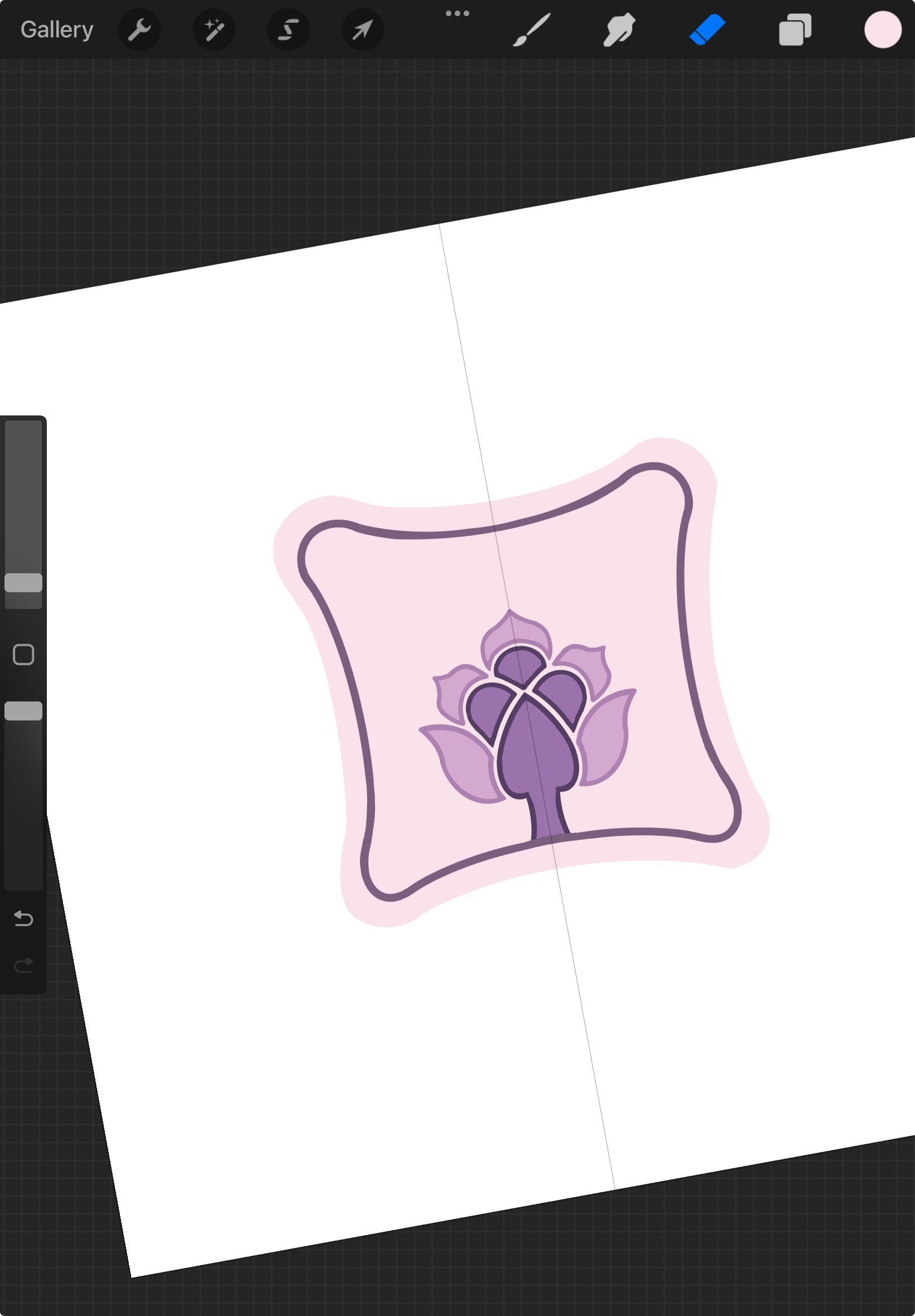 A digitally drawn pillow with a purple flower on a light pink background, outlined in a darker purple.