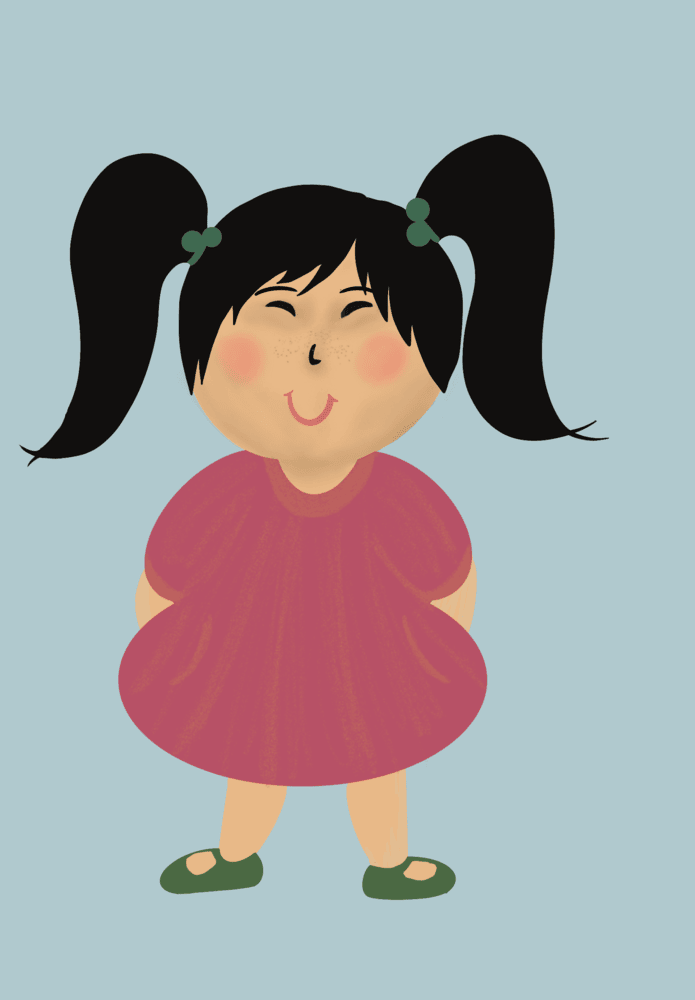 A smiling girl with black pigtails in a pink dress and green shoes.