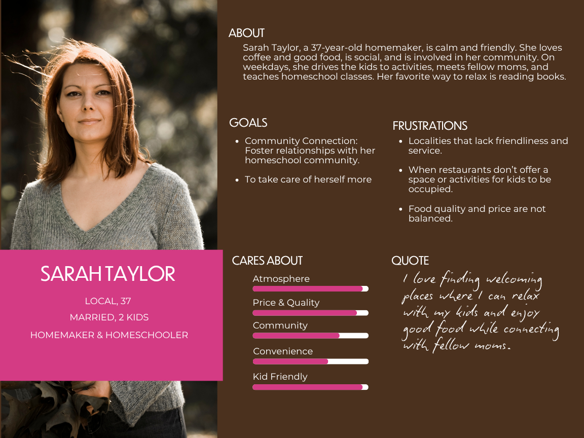 Customer persona card for Sarah Taylor. Shows a woman with a pink background.