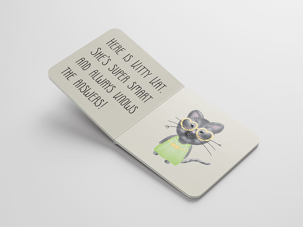 Open book shows cartoon cat with glasses; text says