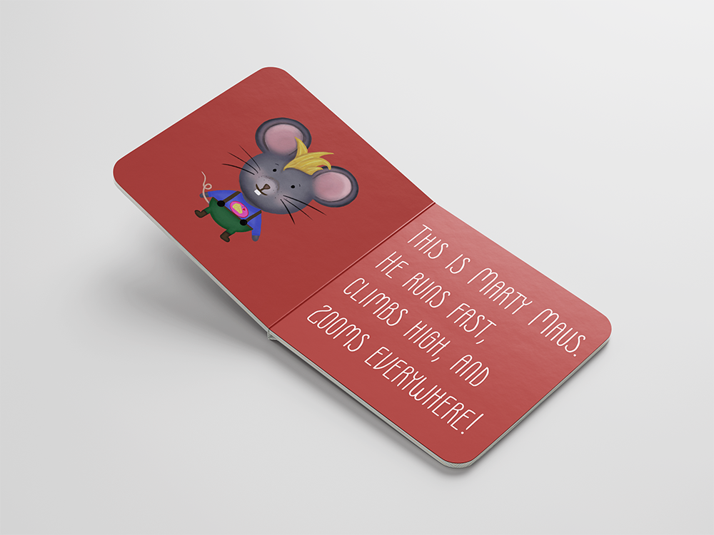 A red children's book open to a page with a cartoon mouse and text