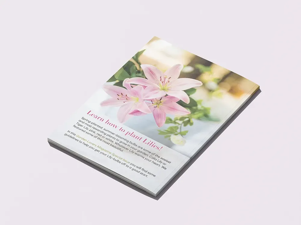 Brochure with pink lilies, text 