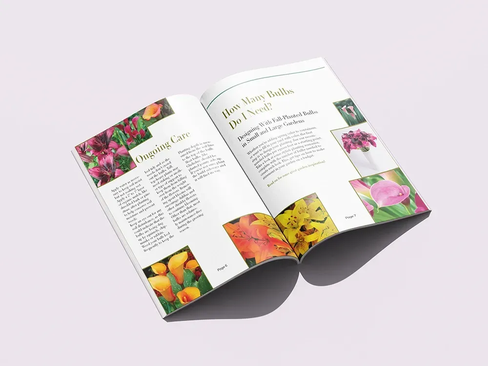 Open magazine pages, featuring articles with photos of colorful flowers.