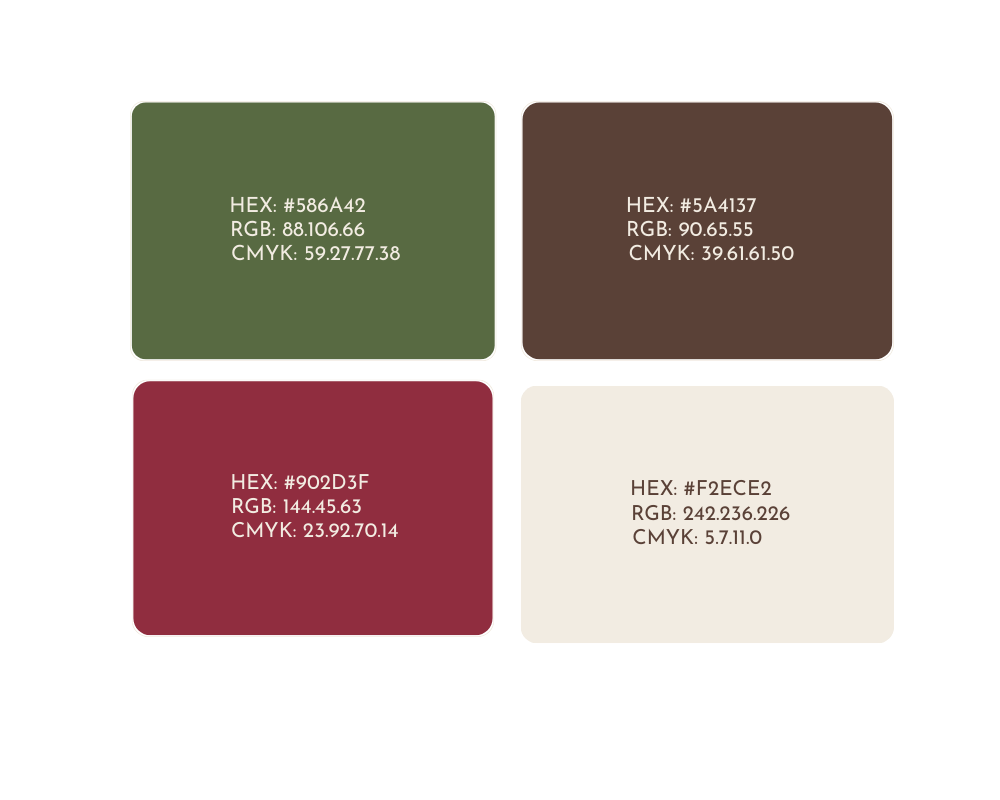 Color palette showing four swatches: green, brown, burgundy, and cream, with their HEX, RGB, and CMYK values.