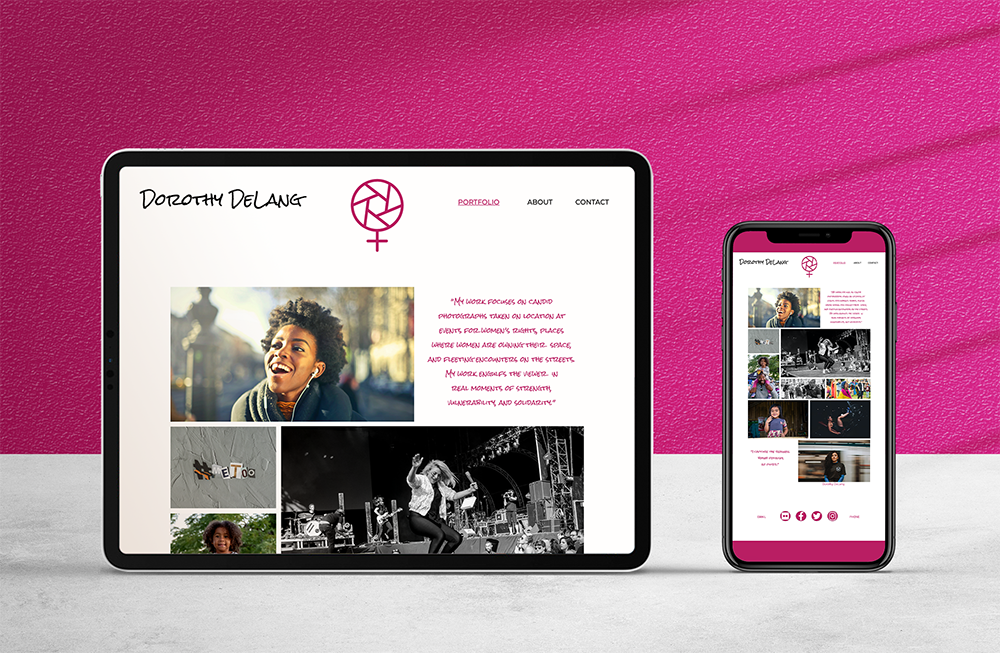 Tablet and smartphone display a website with photos of a woman, pink accents, and a logo.
