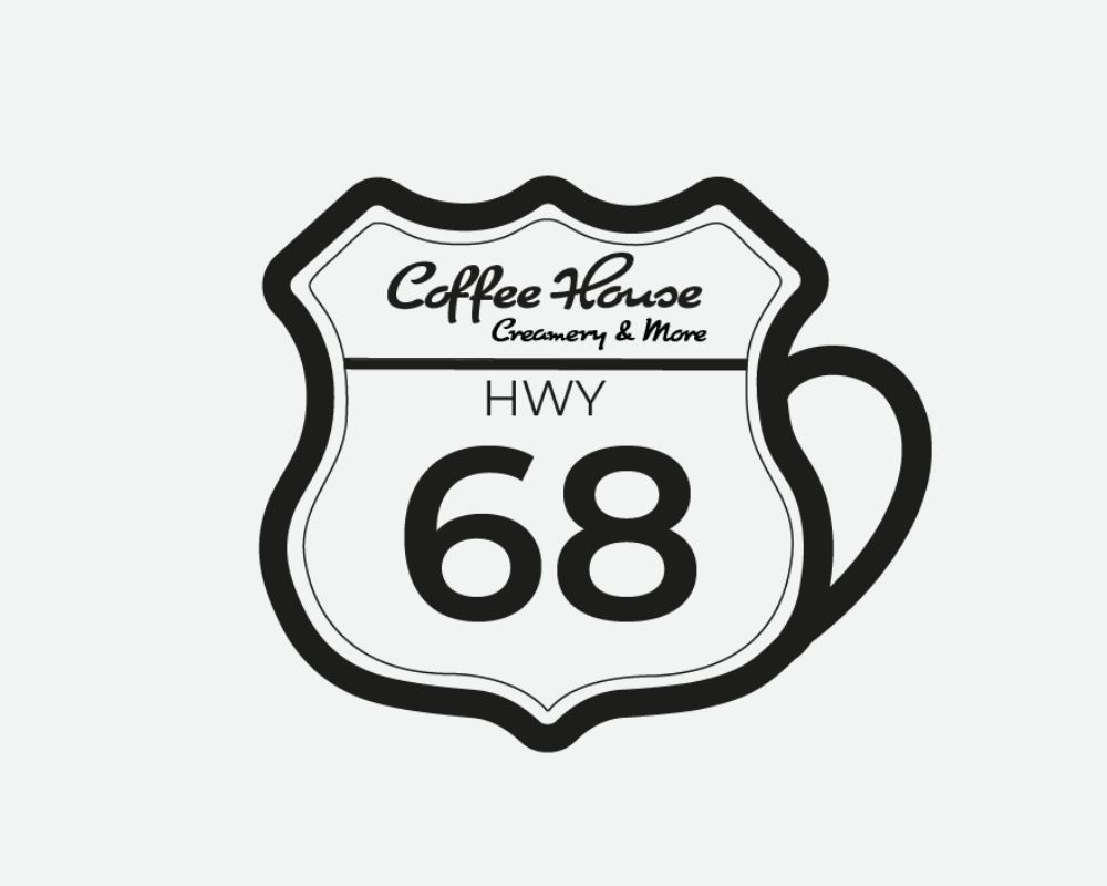 Logo for Coffee House, shaped like a Route 66 sign, black and white with text 