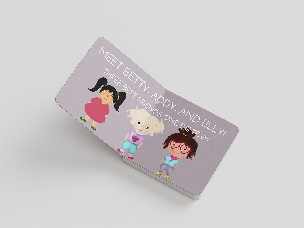 Book spread: illustrations of three girls with the text