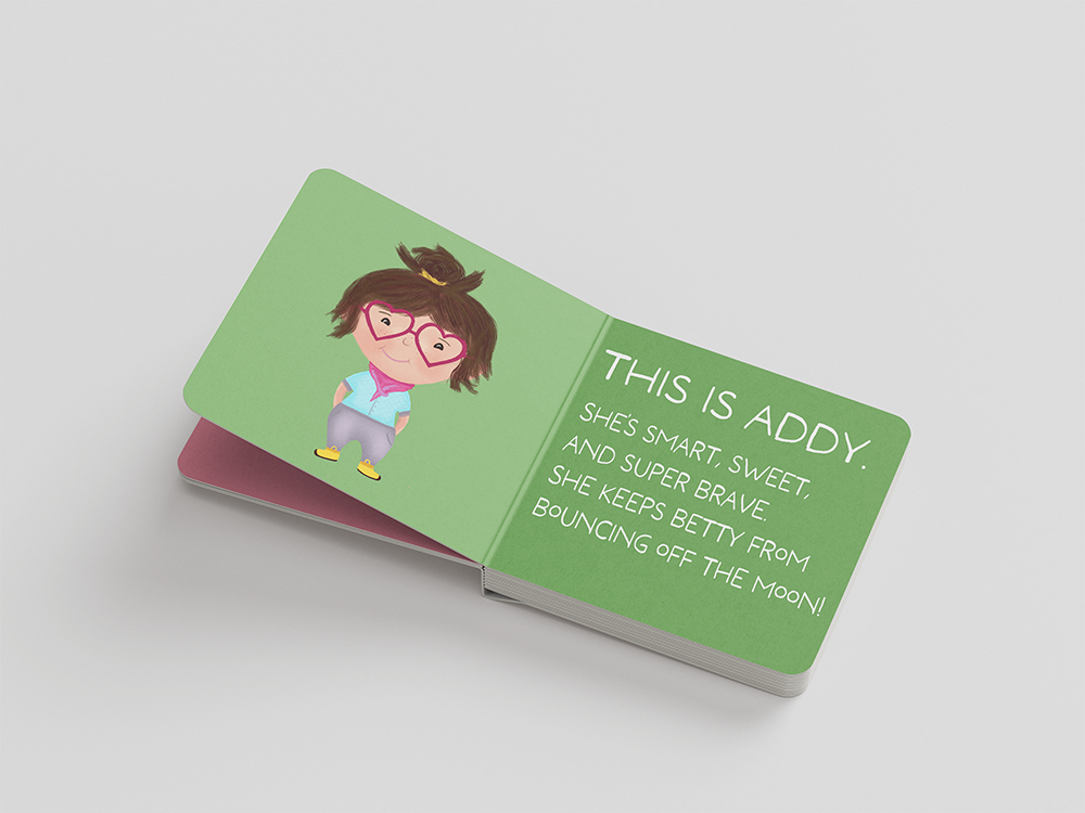 Open book with a cartoon girl, Addy. Text: