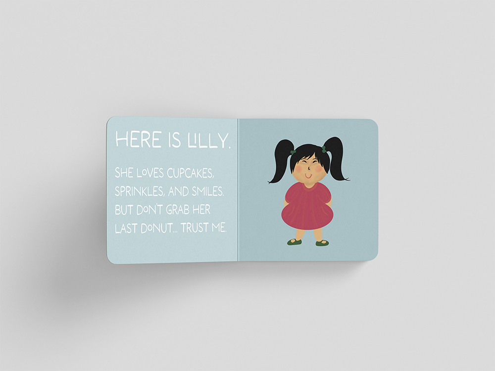 Book spread: Cartoon girl with pigtails wearing a red dress and green shoes and text.