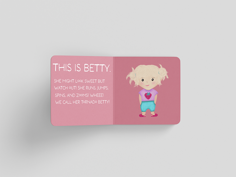 Open book: cartoon of Betty with pink background, text reads