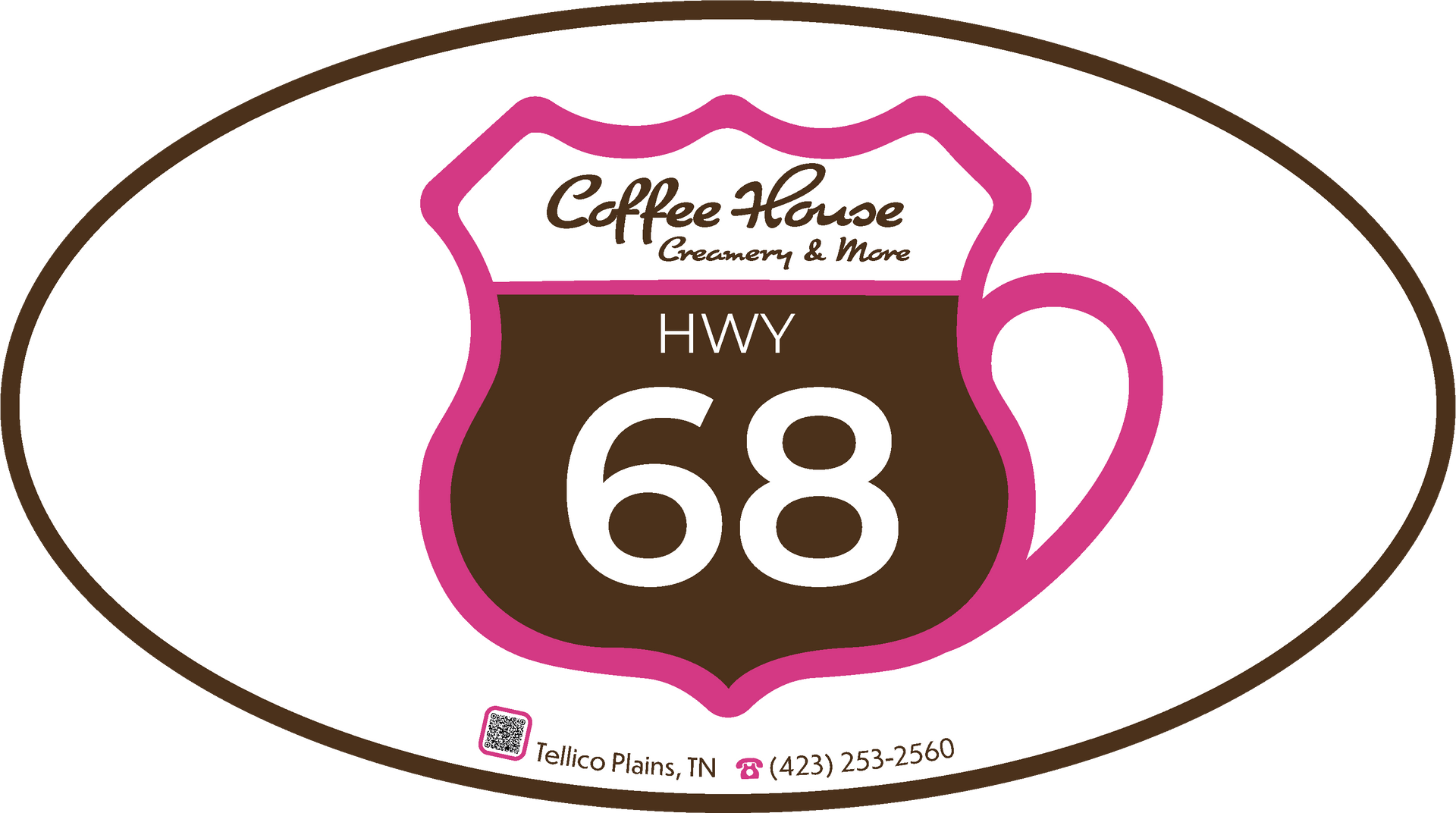  Brown and white shield with pink outline shaped like a coffee mug, featuring 