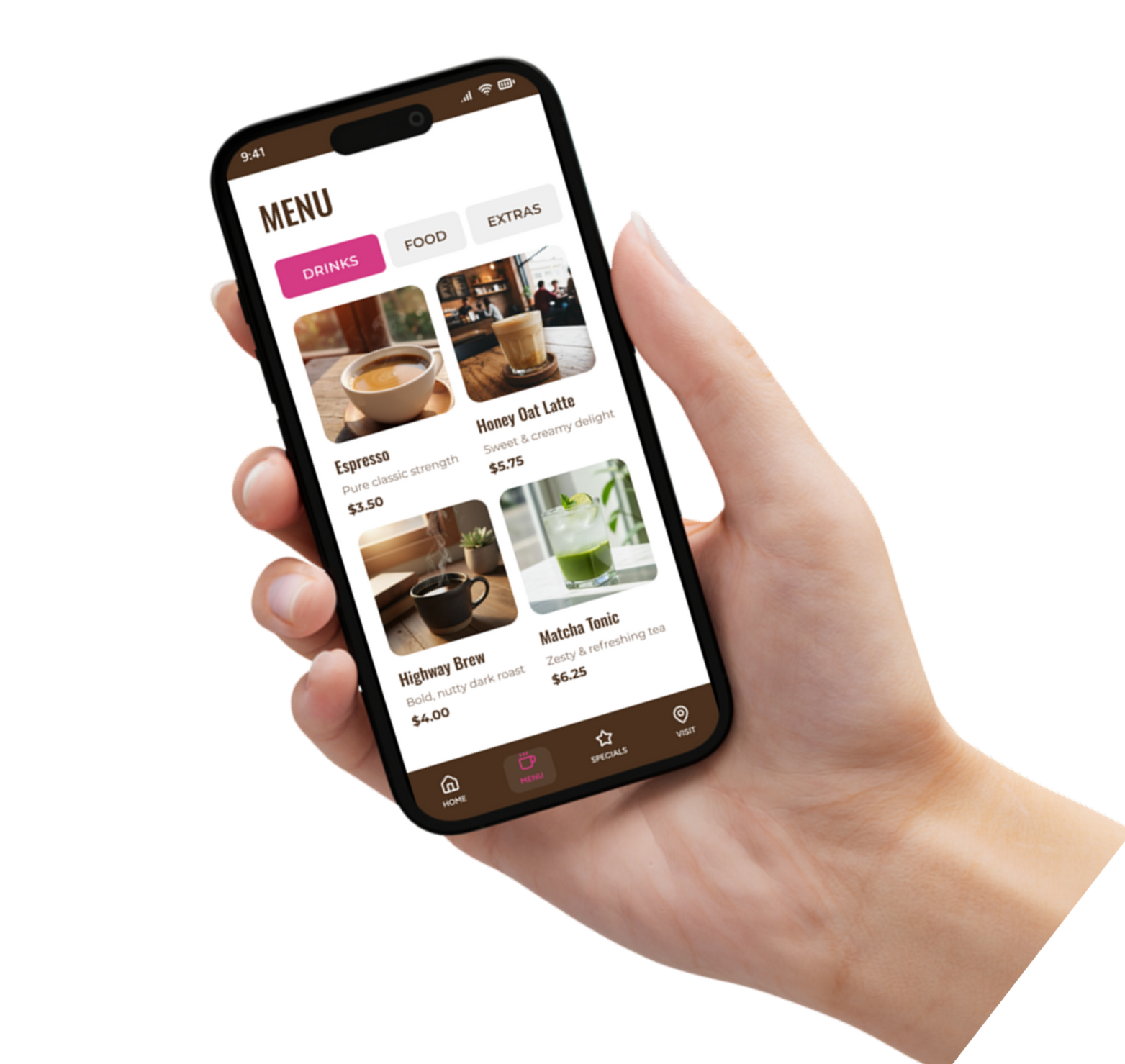 Hand holding a smartphone showing a restaurant menu app with food photos and item prices