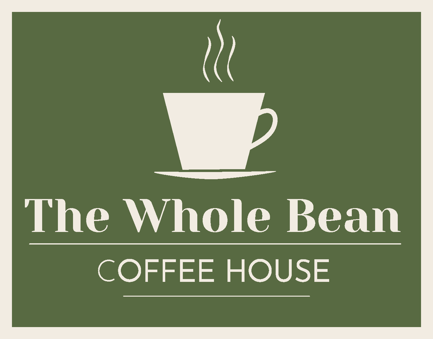 Logo for The Whole Bean Coffee House: white coffee cup with steam above text on a green background.
