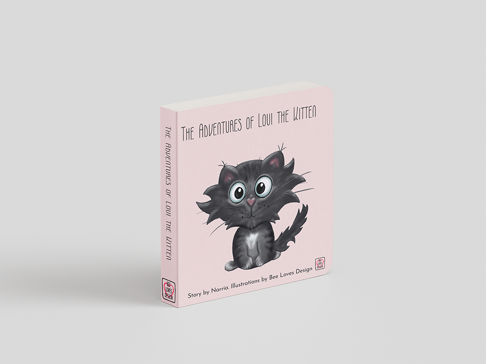 Book cover: gray cat on pink background, title