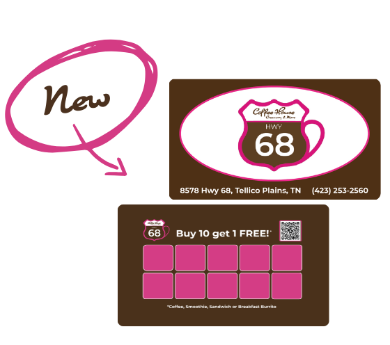 Coffee House 68 loyalty card. Brown and pink with a 