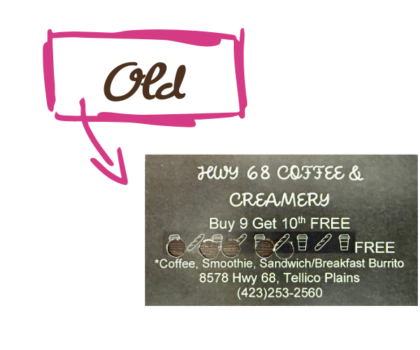 Pink arrow pointing to a coffee shop punch card. The card has 