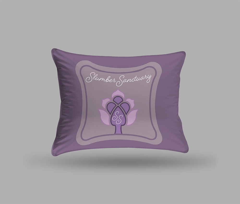 Purple pillow with a logo. The logo includes the words 