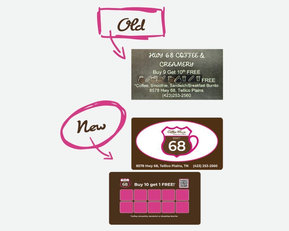 Comparison of two Coffee Cabin 68 logos; old, gray sign vs. new brown logo, and loyalty card.