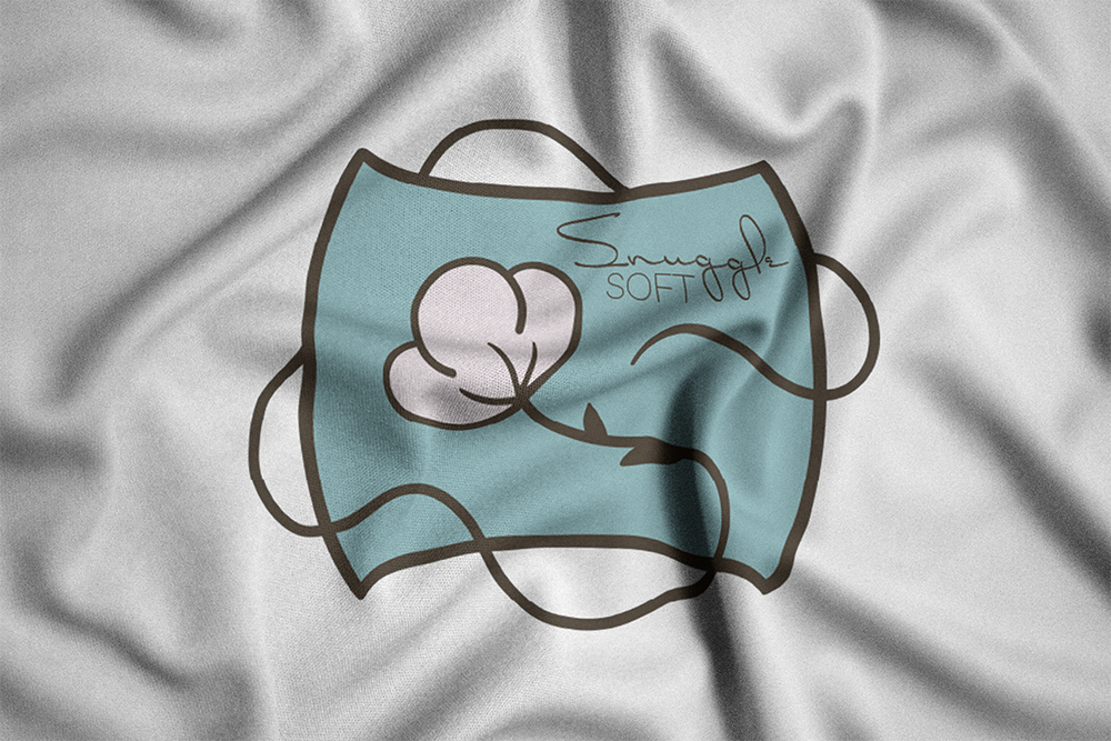 Purple pillow with a logo. The logo includes the words 