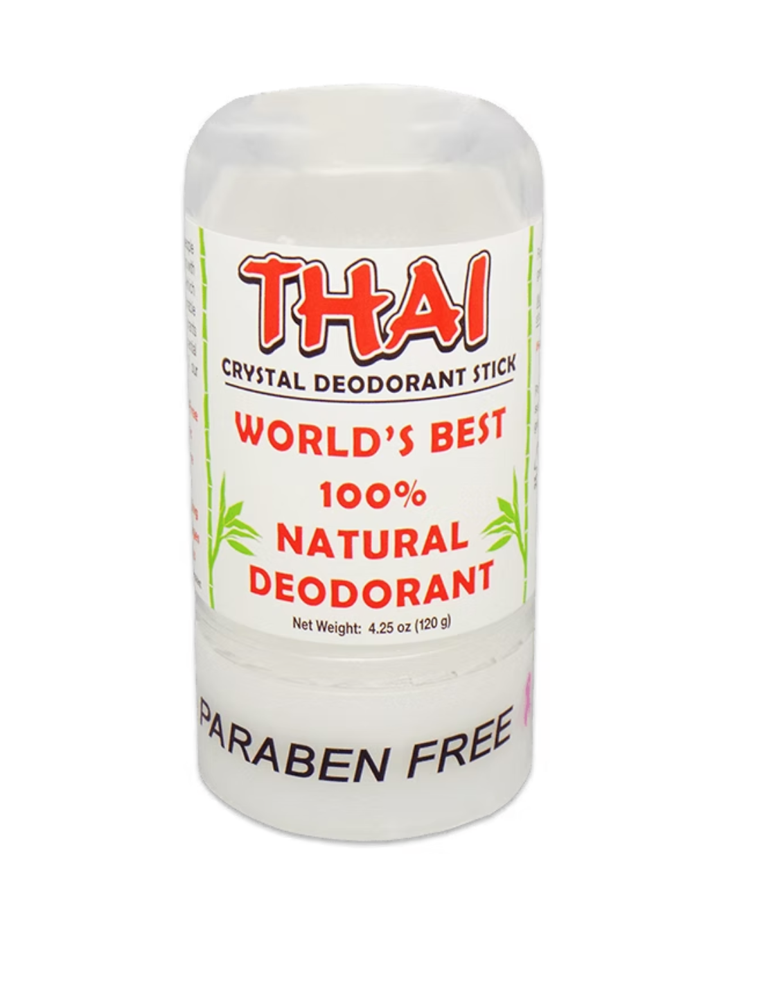 Thai Crystal Deodorant Stick. White cylindrical container with red, green, and black text.