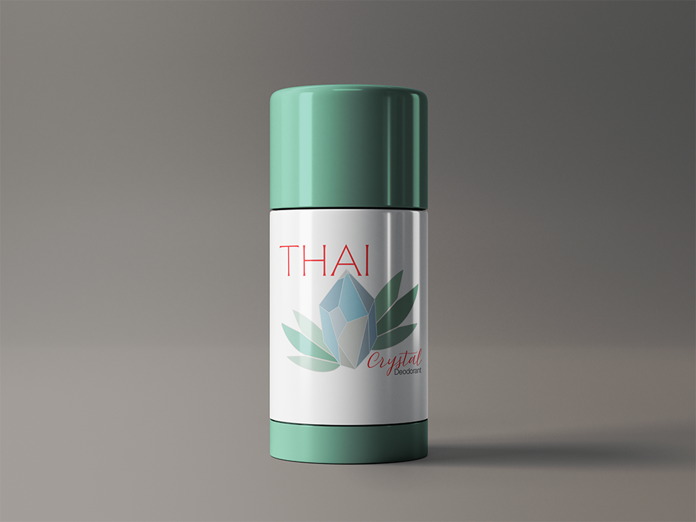 Deodorant stick with teal cap and base. Label features 