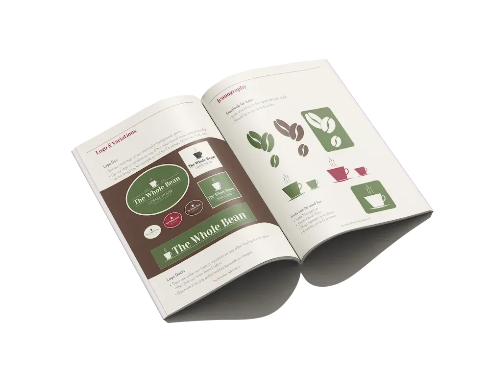 Open book with coffee-themed illustrations in green and brown.