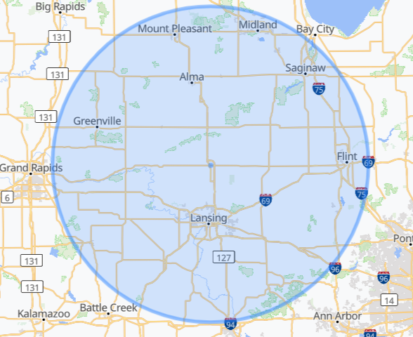 Map of central Michigan with a blue circle indicating an area around Lansing.
