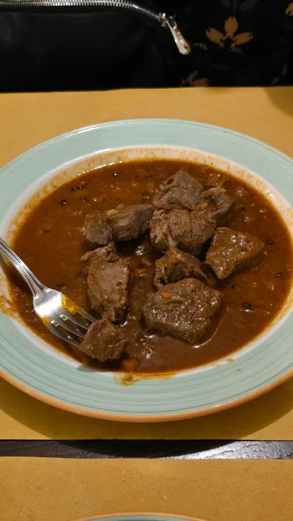 Una ciotola di stufato marrone con pezzi di carne e una forchetta su un tavolo