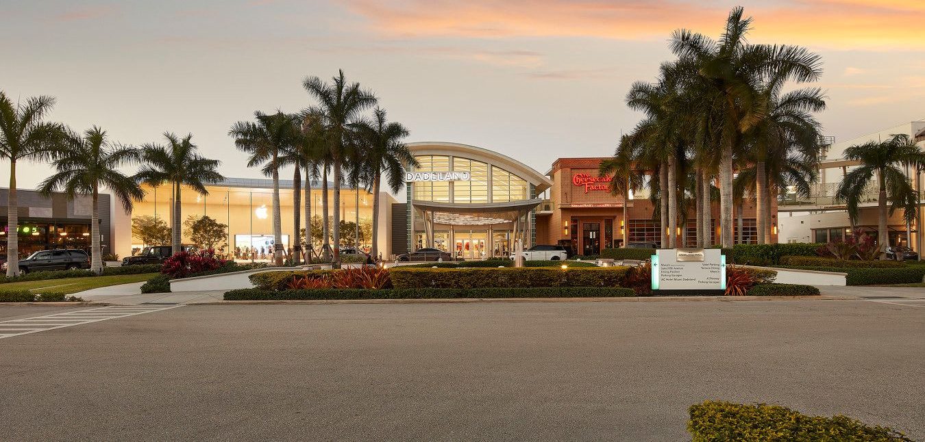 Exterior of a shopping center at dusk with palm trees and a sign.