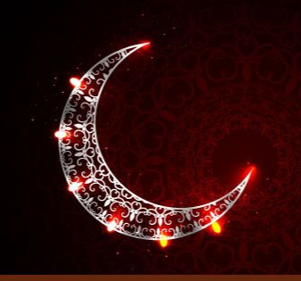 Ornate silver crescent moon with red lights against a dark red patterned background.