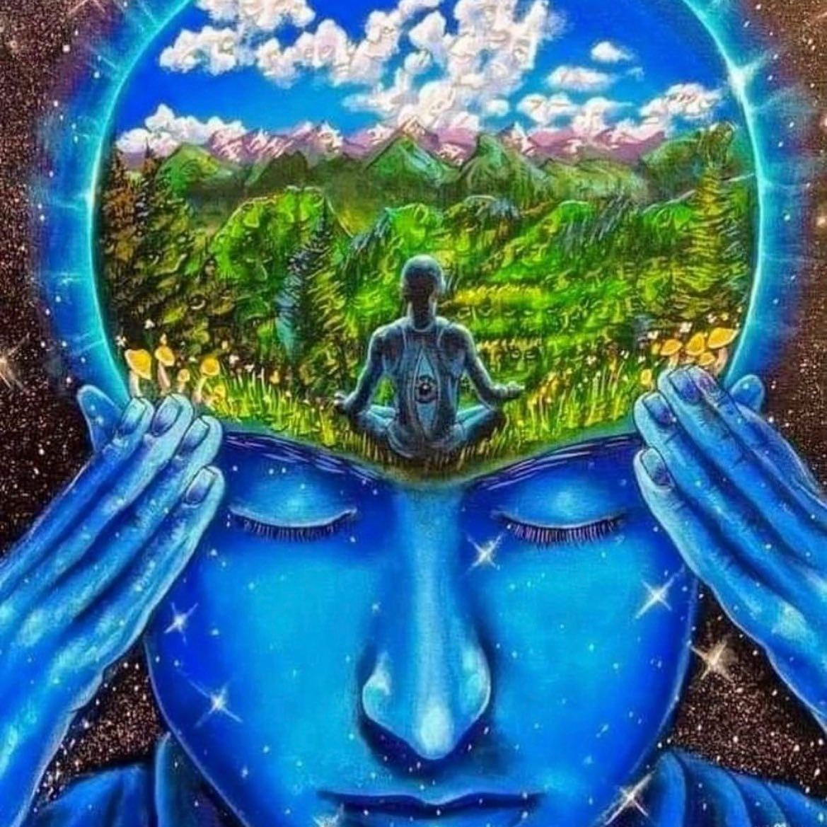 Blue figure meditating, inner landscape of mountains, fields, and sky.