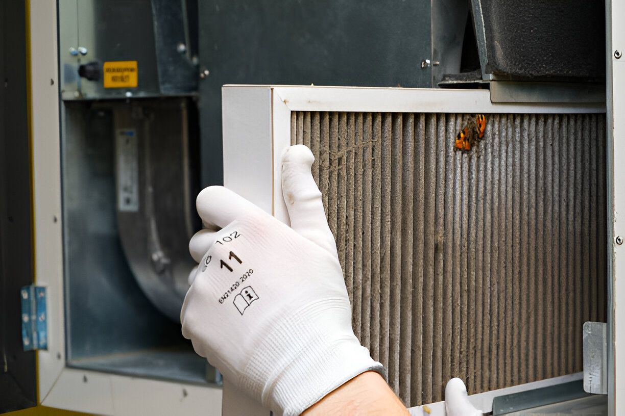 A person wearing white gloves is holding a filter in their hand.