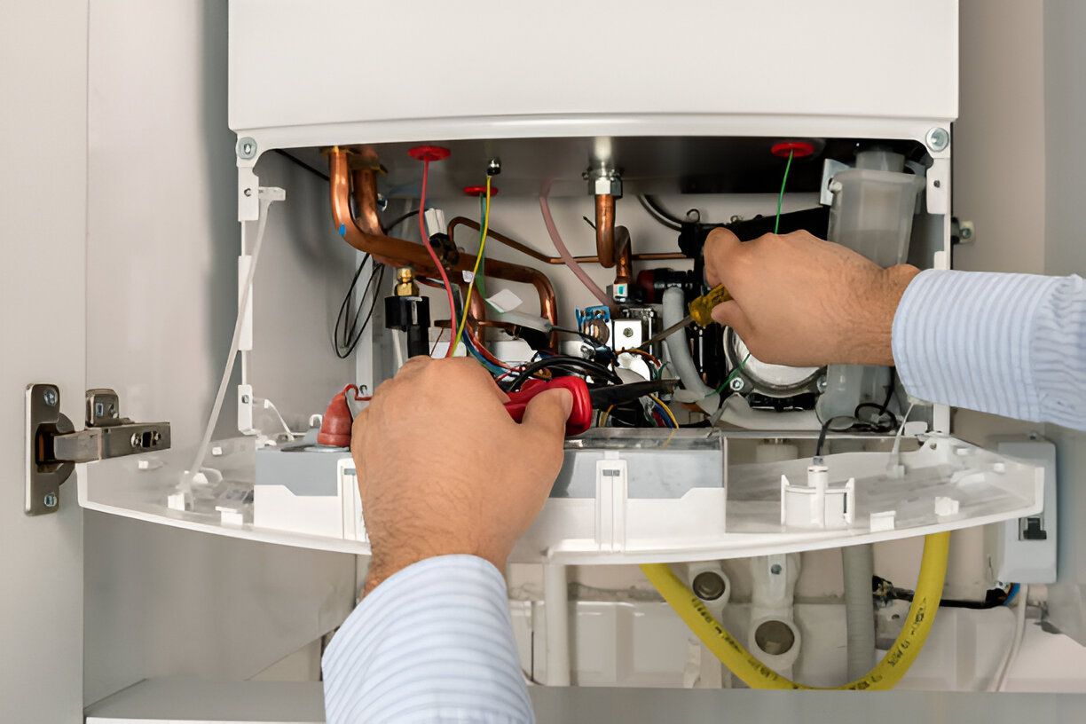 A man is fixing a boiler with a screwdriver.