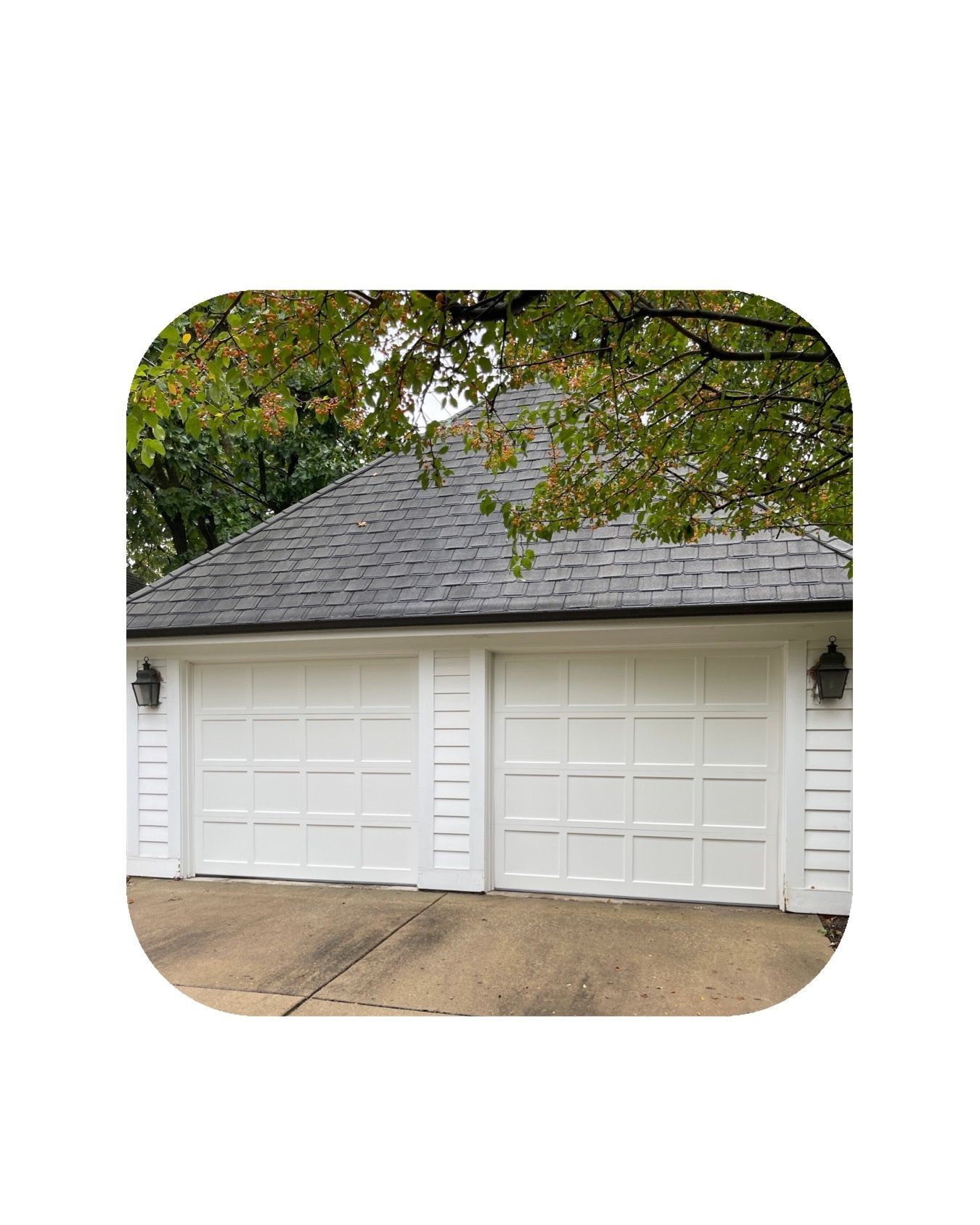 White double garage with gray roof, concrete driveway, and foliage.