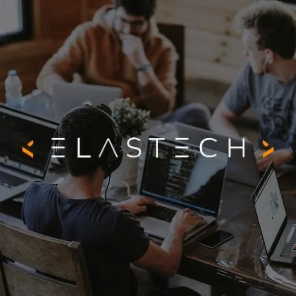 People working on laptops in an office setting; the Elasttech logo is overlaid.