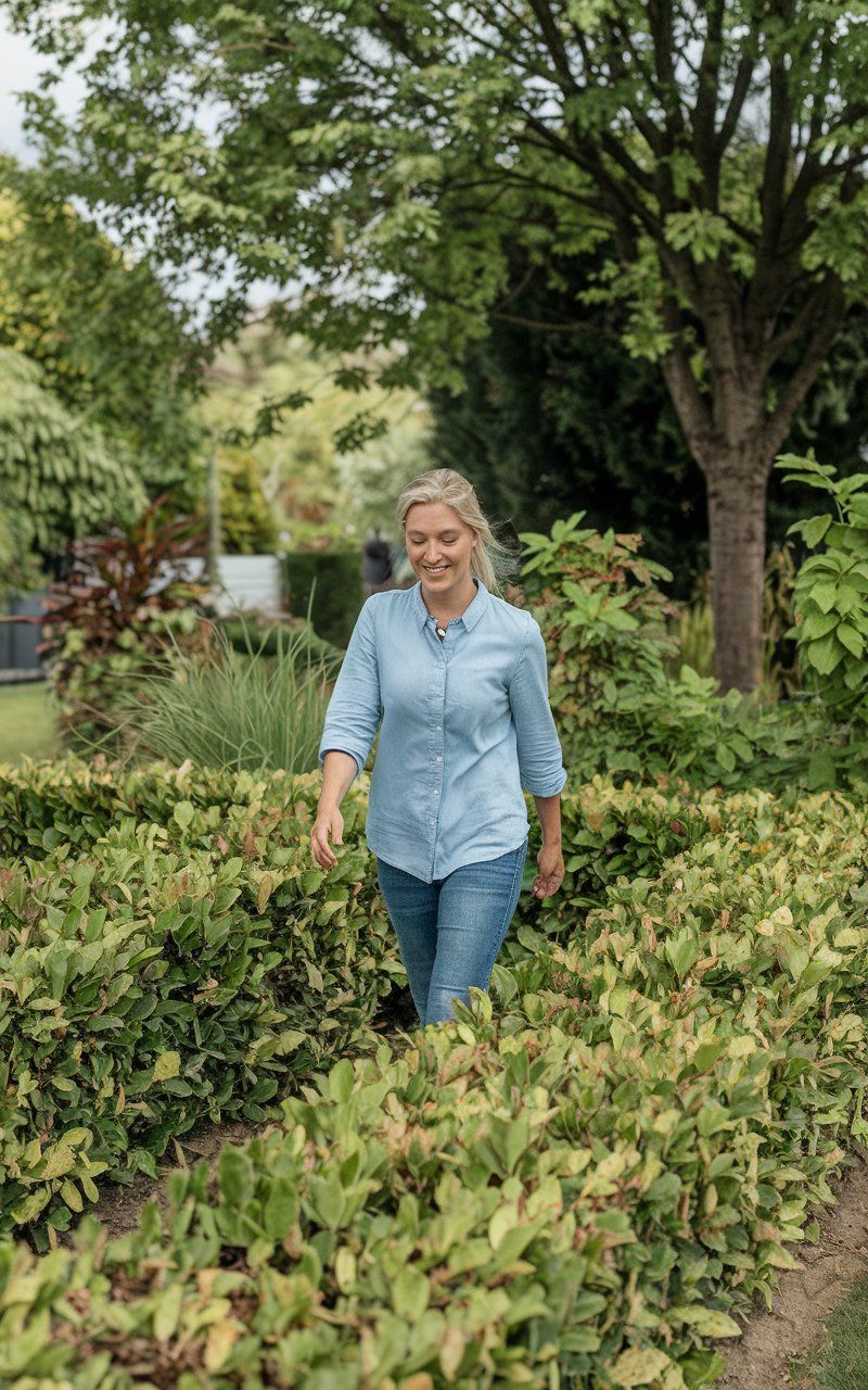 Happy Customer in Merivale admiring newly trimmed hedge 
